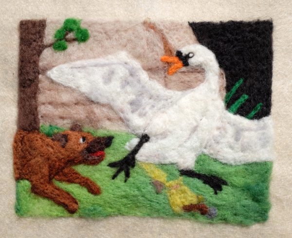 Michaela Younge, Swan Attacked by Dog, 1745 - Jean Baptiste Oudry, 2020, Merino wool on felt, 14 x 11 cm - R2, 500 (unframed)